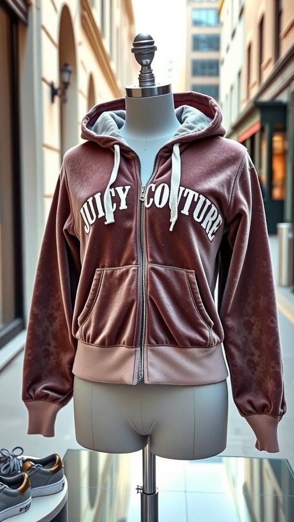A vintage Juicy Couture zip-up hoodie on a mannequin, showcasing its logo and soft fabric in a trendy urban setting.